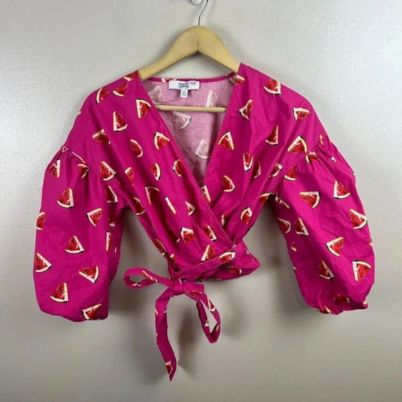 Color Me Courtney Emily Watermelon Wrap Top Size XS Pink Poplin Vacation Novelty - Picture 2 of 10
